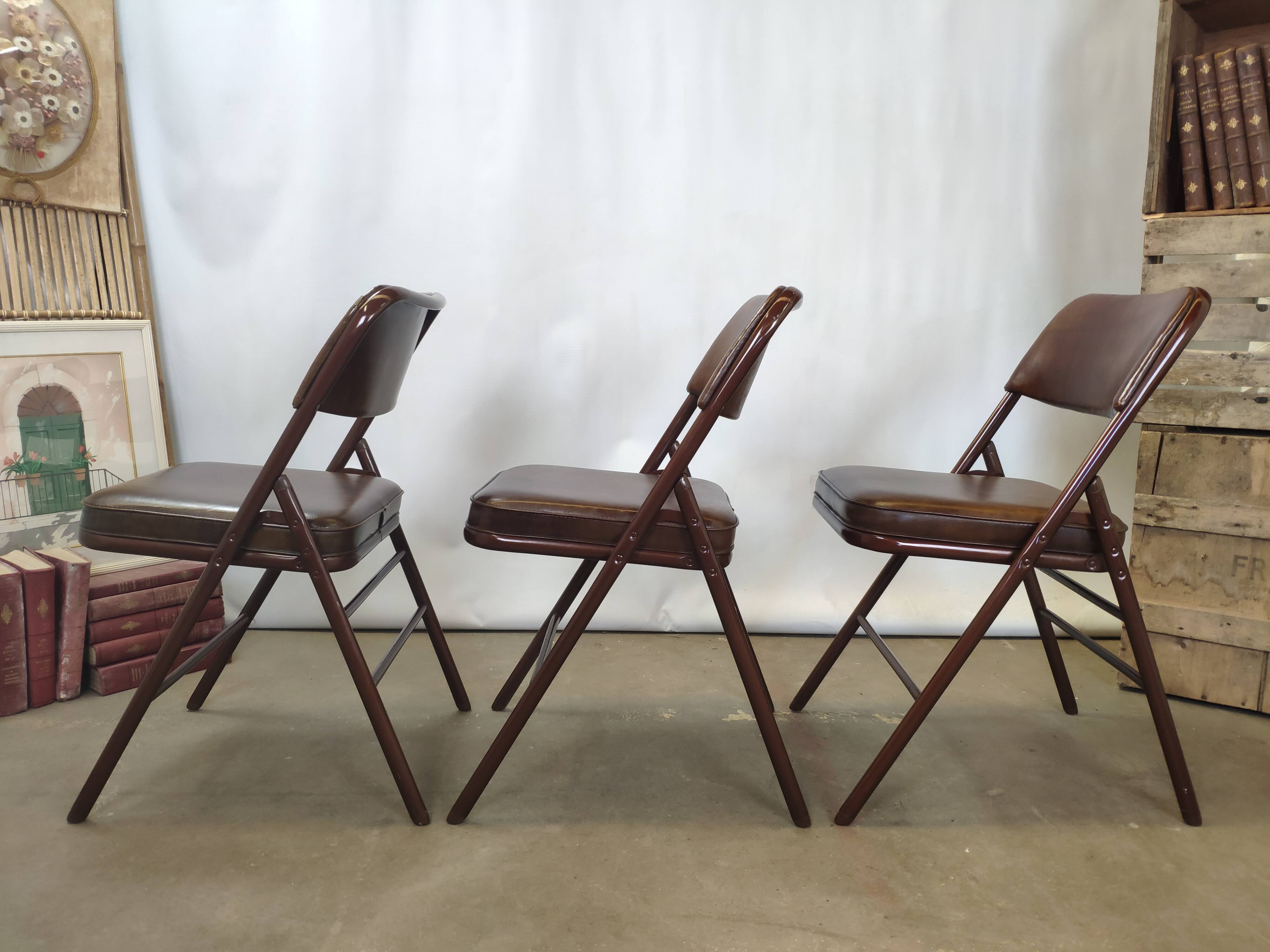 Rare suite de 3 chaises Samsonite 1977 assise marron