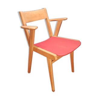 Fauteuil bridge vintage bois et skai