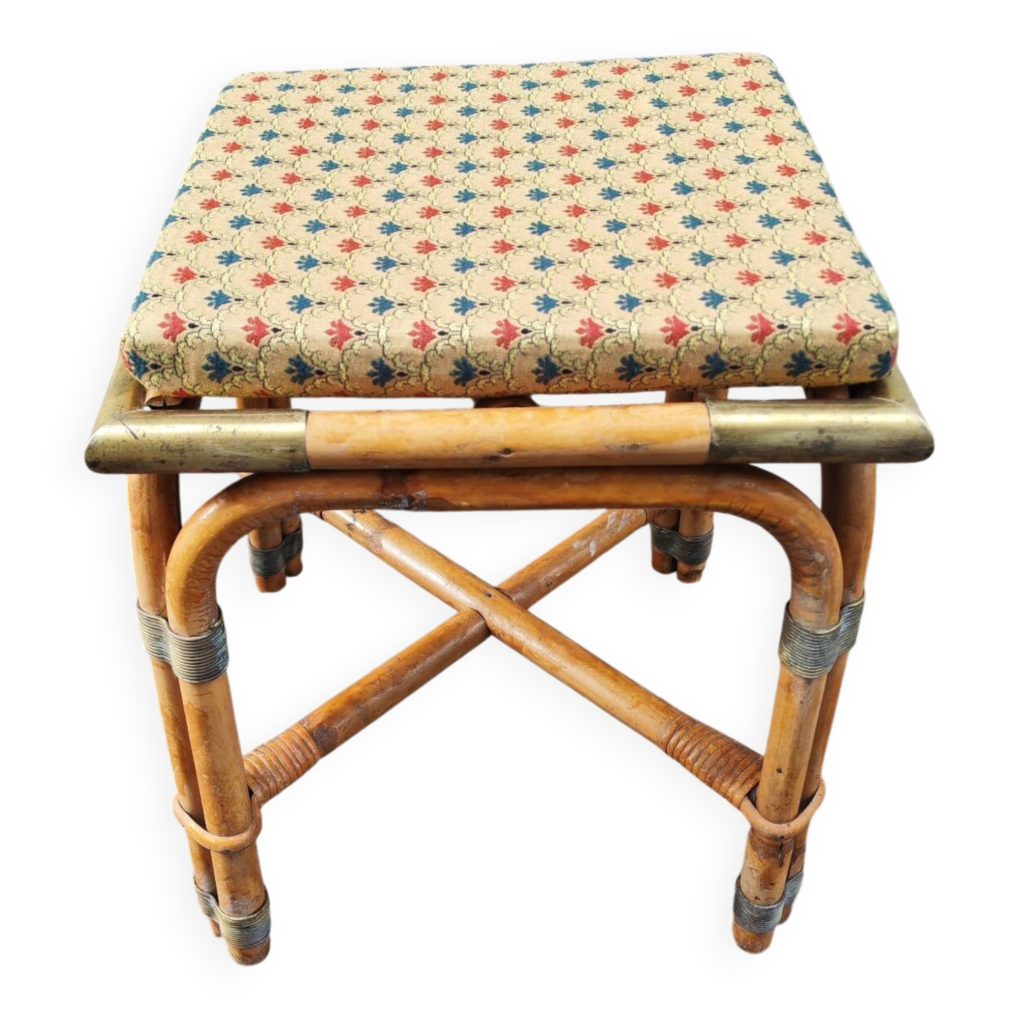 Tabouret en bambou et laiton avec le coussin