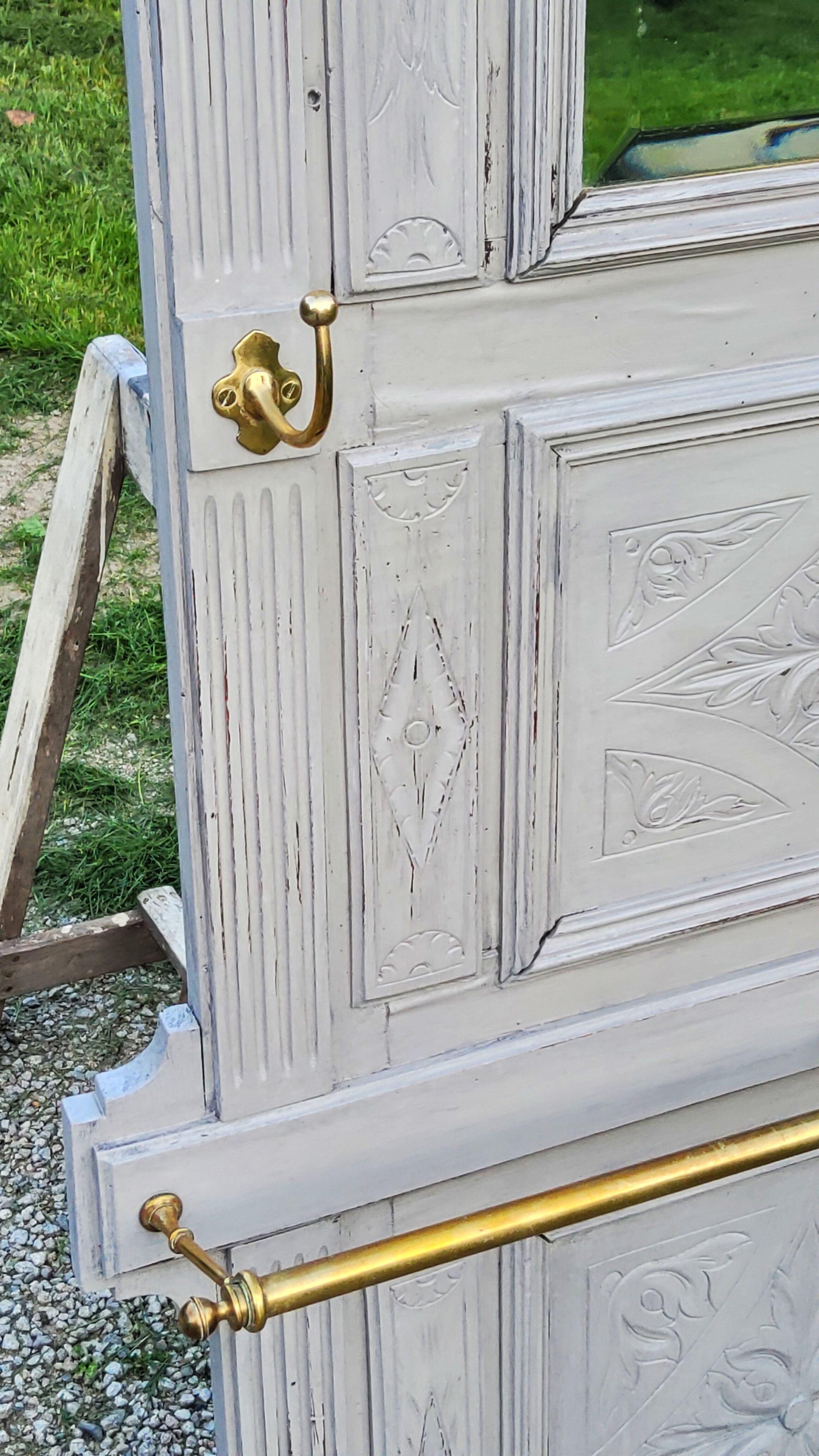 1900s coat rack patina gray mirror brass hooks