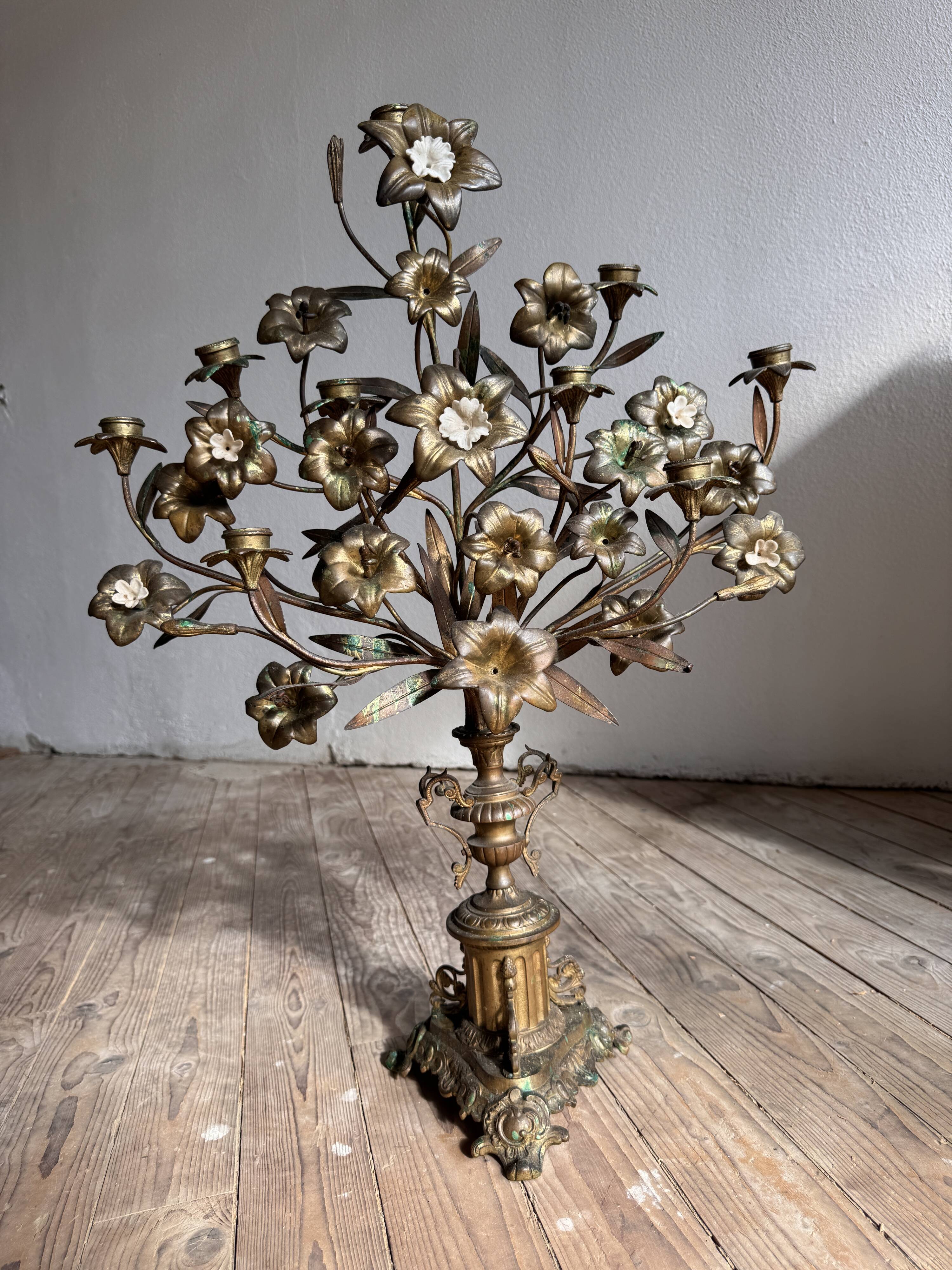 Pair of large 9-light altar candelabra, 19th century, in bronze and brass