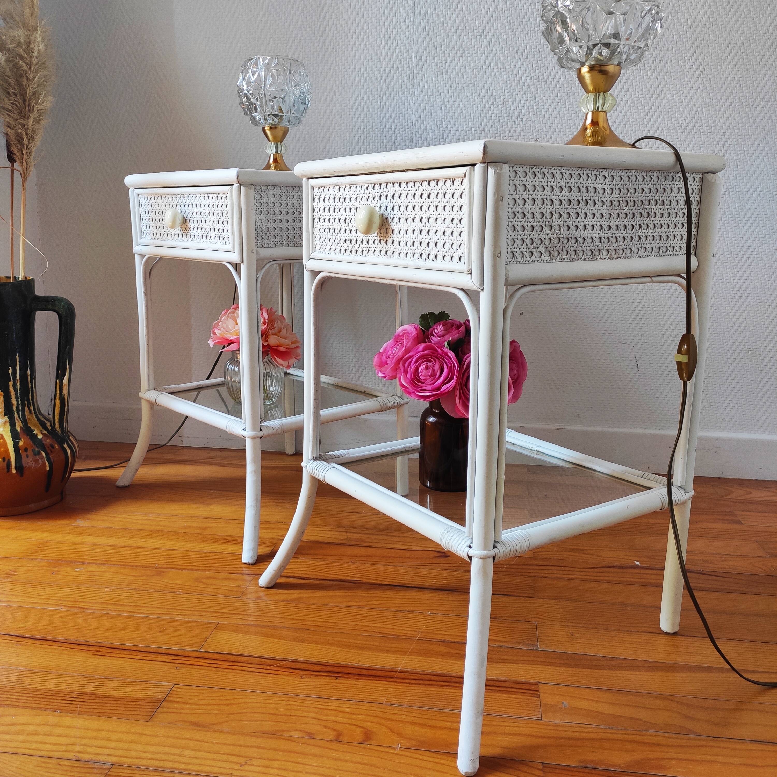 Pair of vintage 1970s rattan bedside tables
