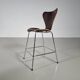 Set of 4 brown oak plywood bar stools by Fritz Hansen Series 7 by Arne Jacobsen.