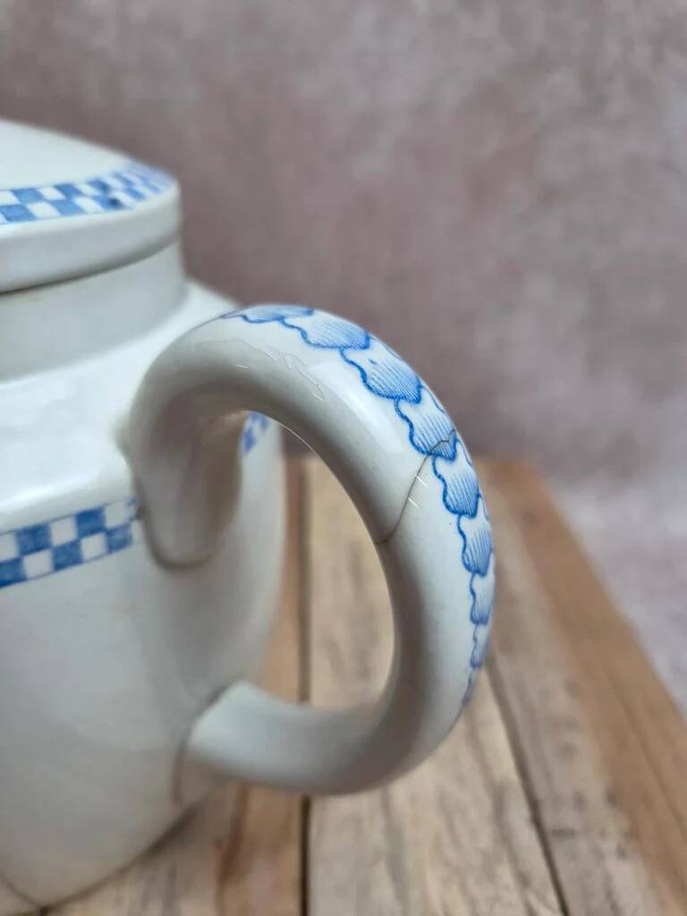 Antique teapot Terre de Fer Opaque from Sarreguemines – Blue checkerboard frieze
