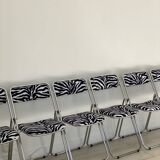 6 folding chairs in metal and zebra-patterned fabric, 1970s