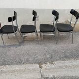 Set of 4 vintage chairs chrome and black wood