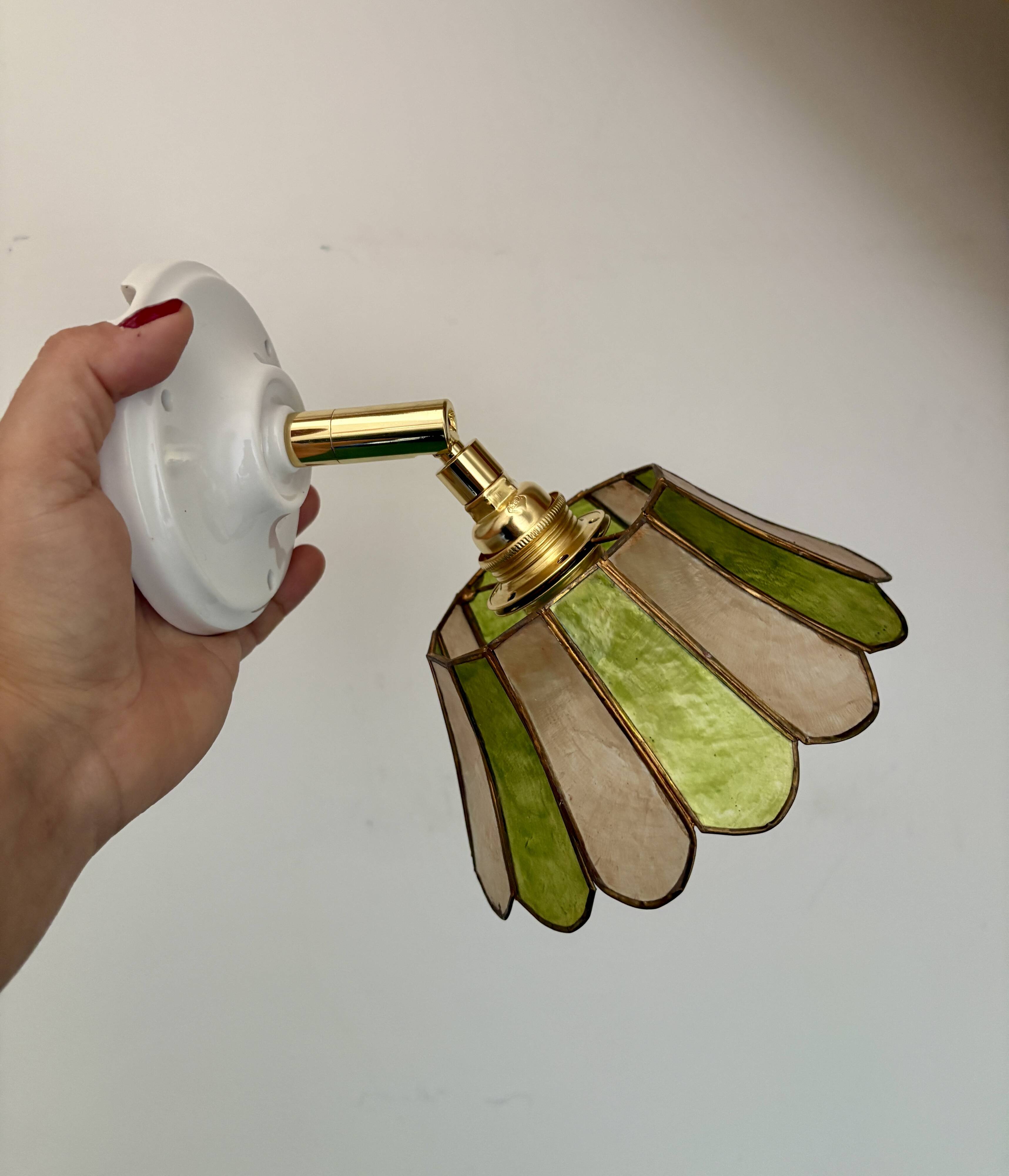 Vintage wall lamp with a green and pink mother-of-pearl lampshade