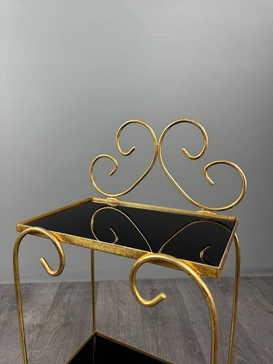 Pair of vintage side tables in gilt metal, with glazed ceramic tops