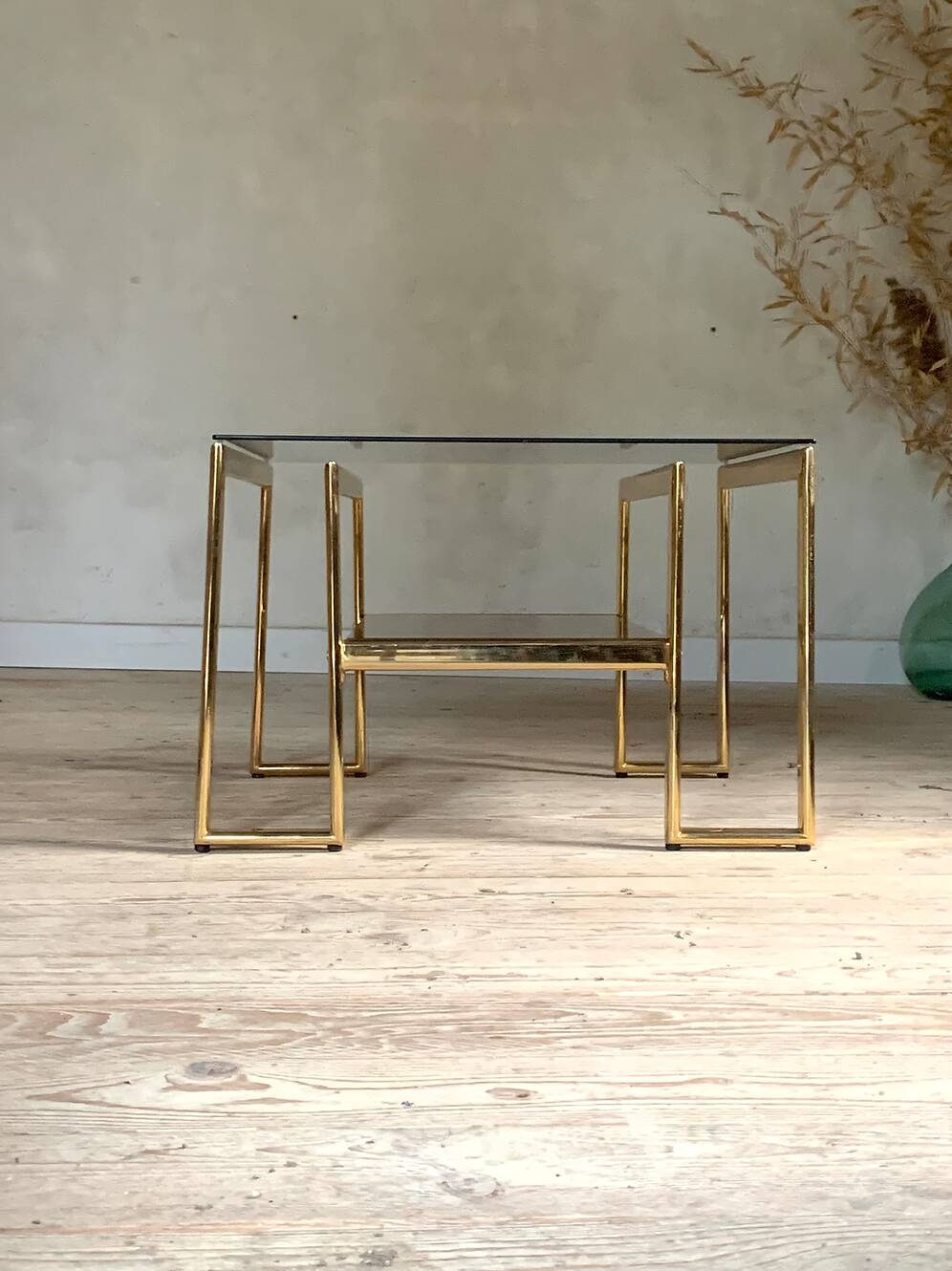 Vintage gold metal and smoked glass coffee table