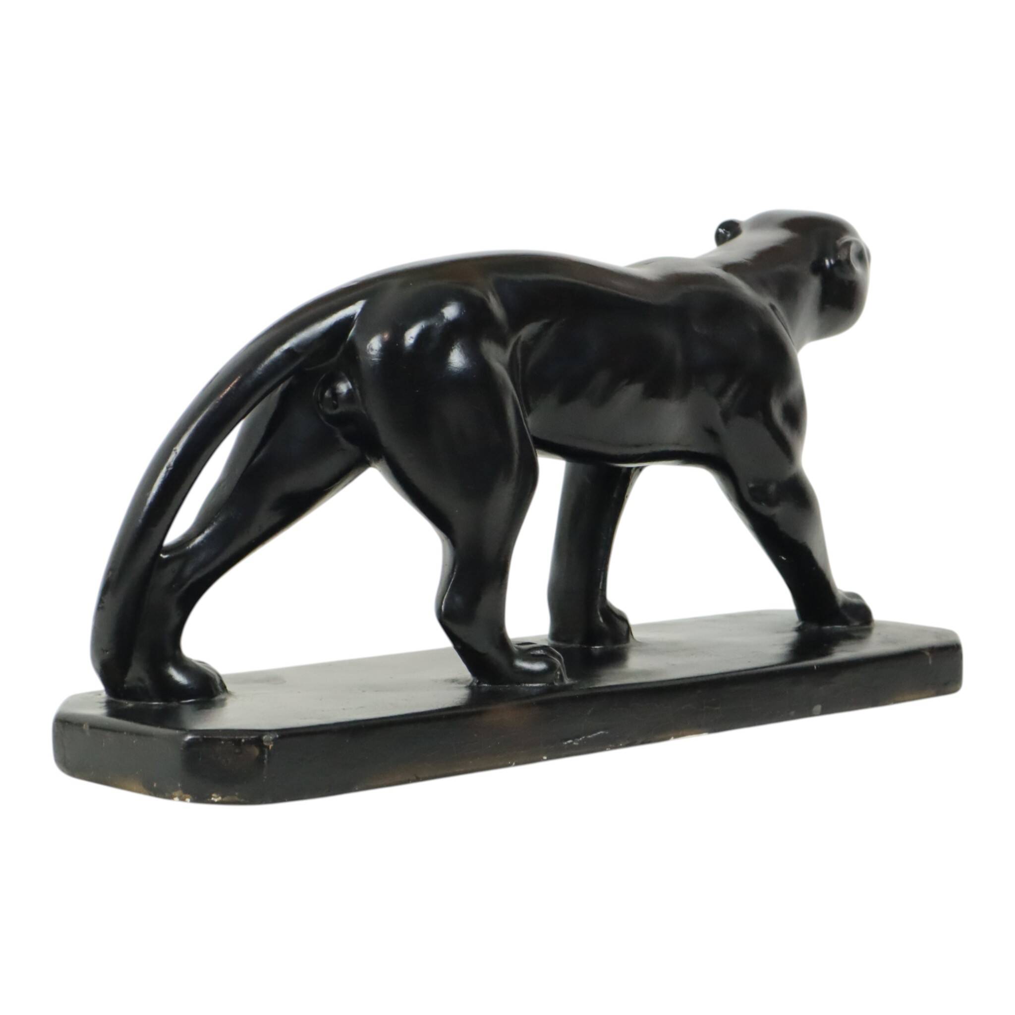 French Art Deco Style Panther Sculpture Black Lacquered Plaster 56cm