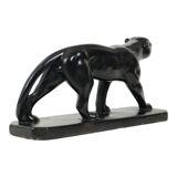 French Art Deco Style Panther Sculpture Black Lacquered Plaster 56cm