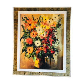 Huile sur toile : nature morte aux fleurs