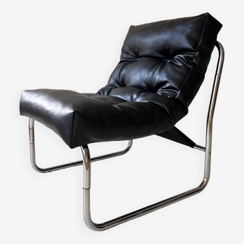 Vintage Gillis Lundgren armchair, black leather and chrome, Sweden 1970s