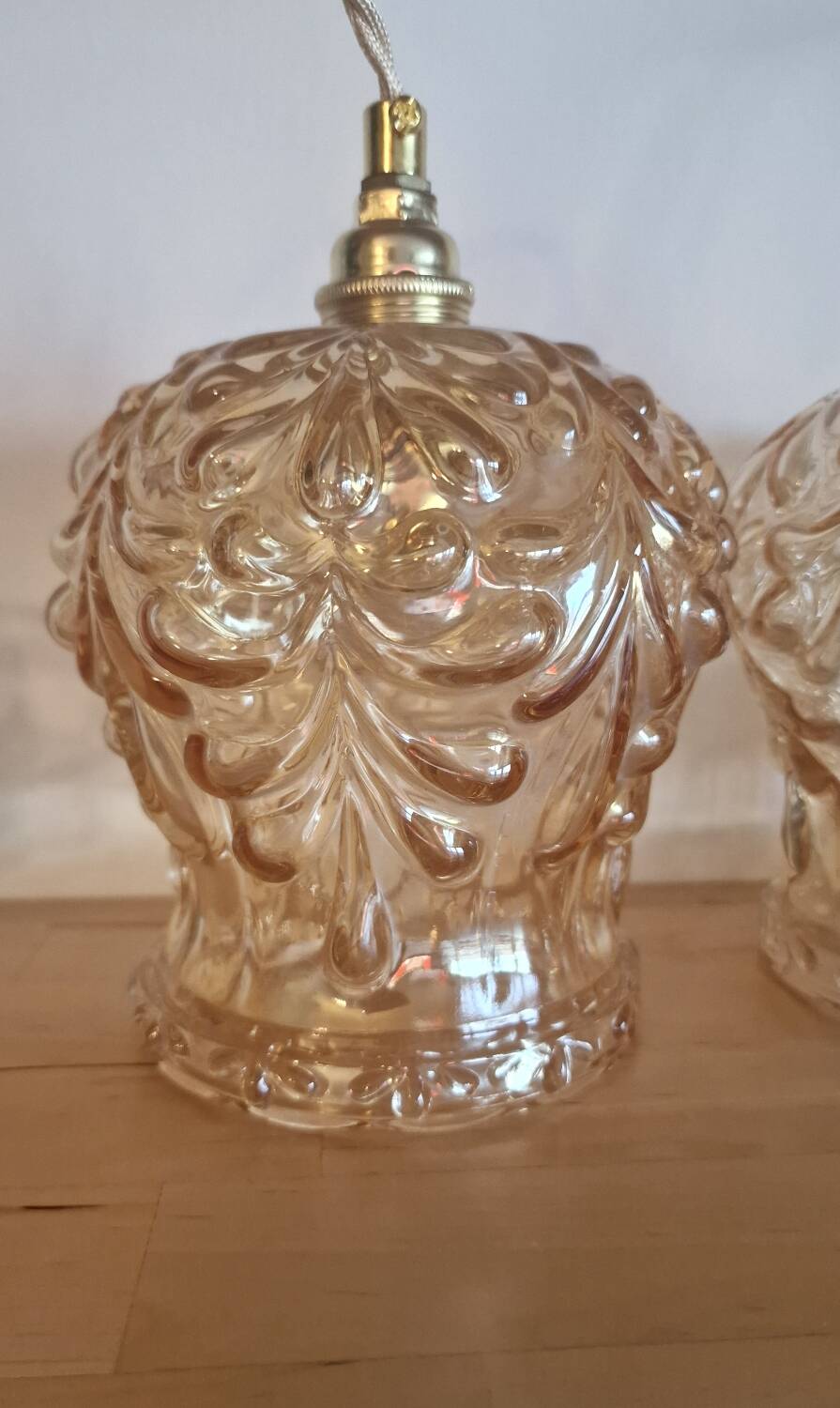 Duo of amber molded glass portable lamps