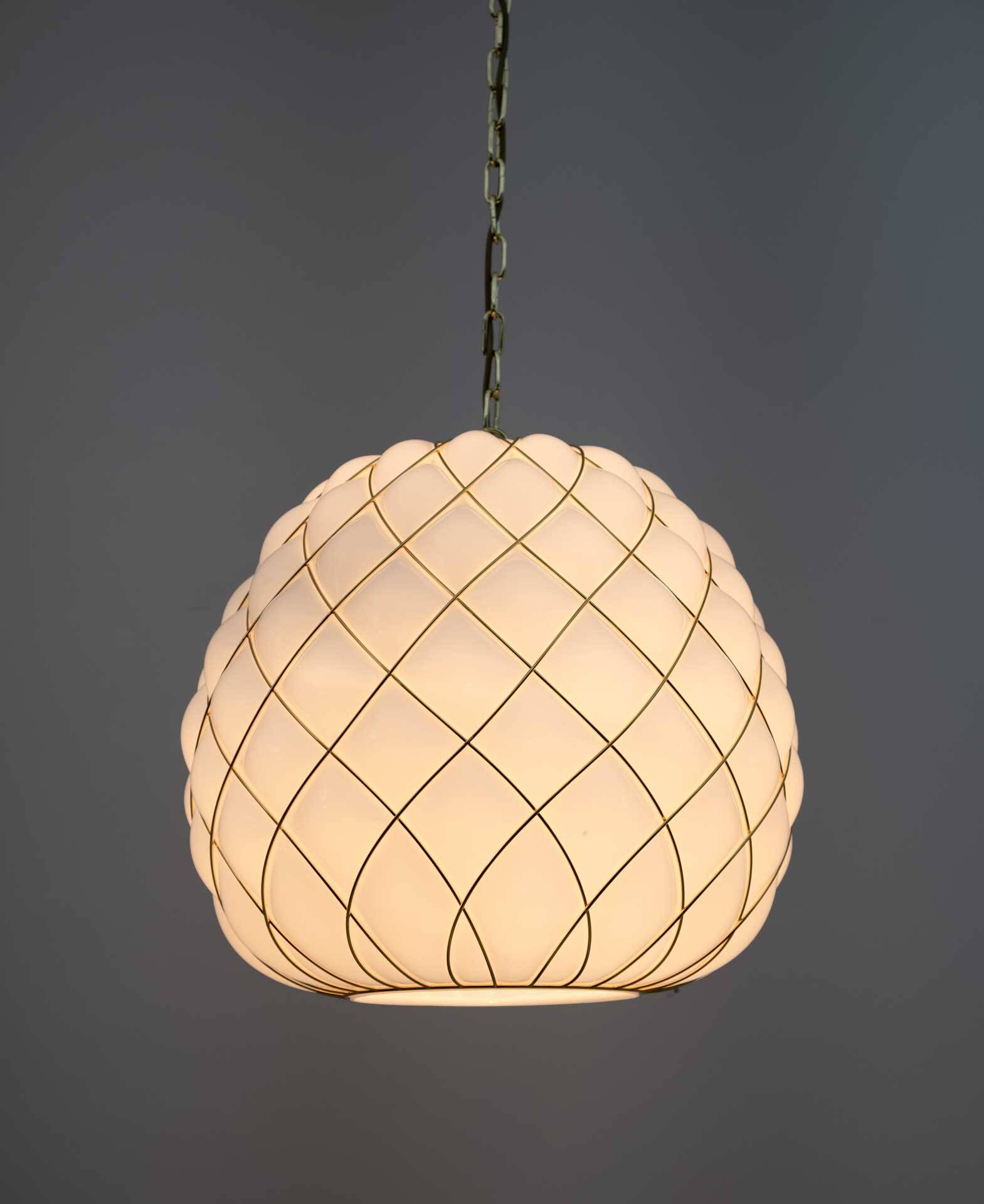 Modern Brass and Caged Murano Glass Large Pendant Lamp Fontana Arte Style