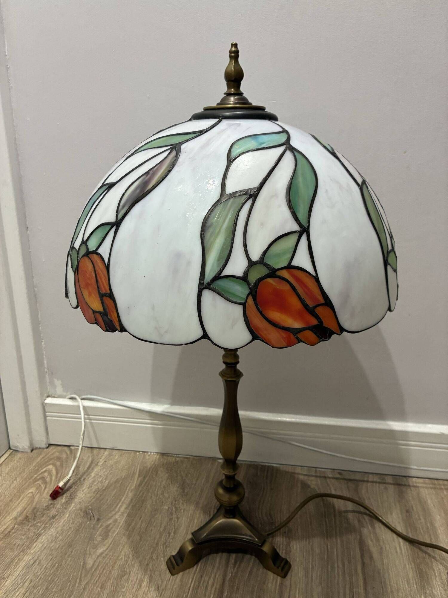 Perenz Tiffany style stained glass table lamp, brass, signed