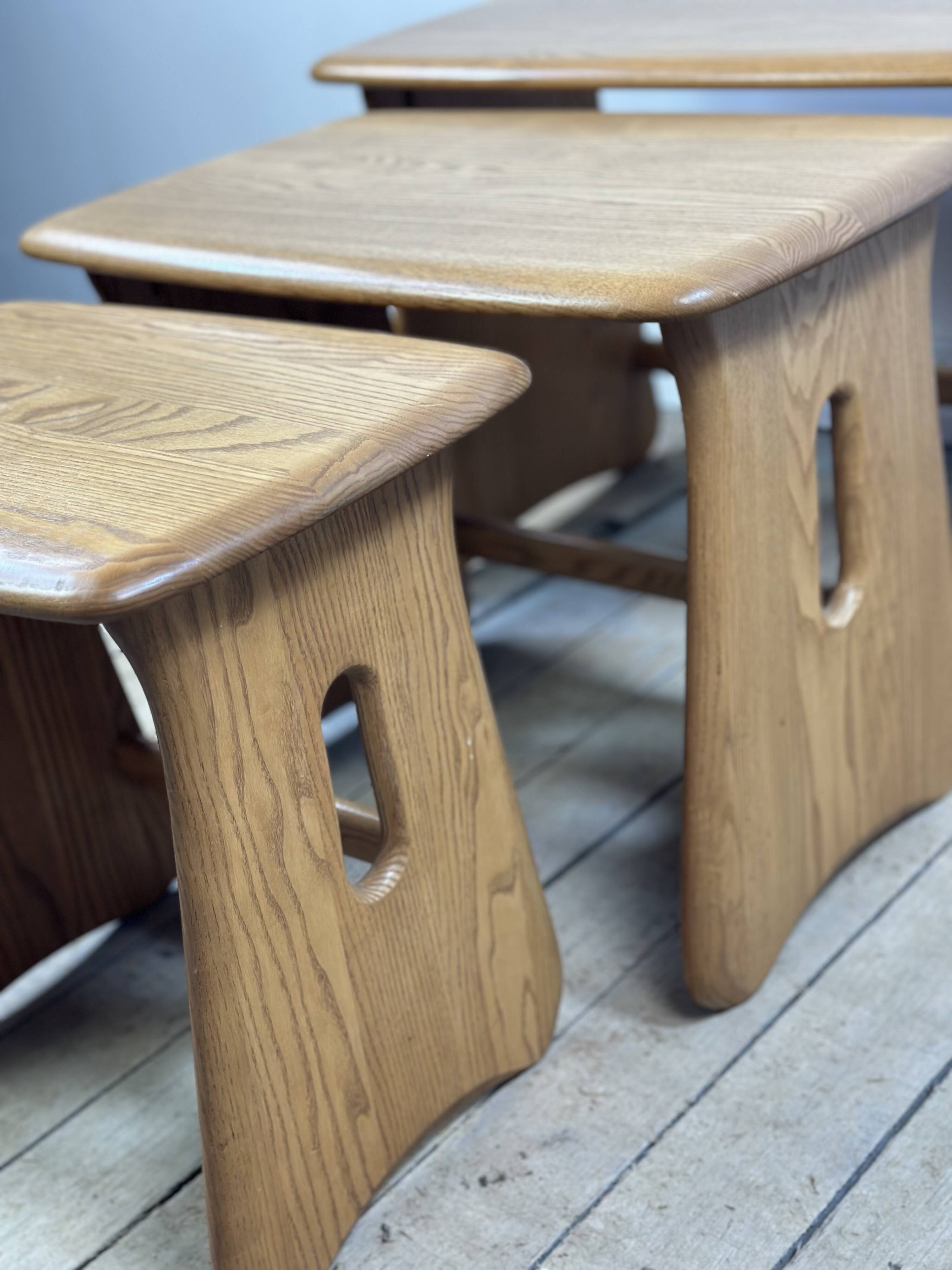 Vintage Ercol nesting tables in solid elm from the 1980s.