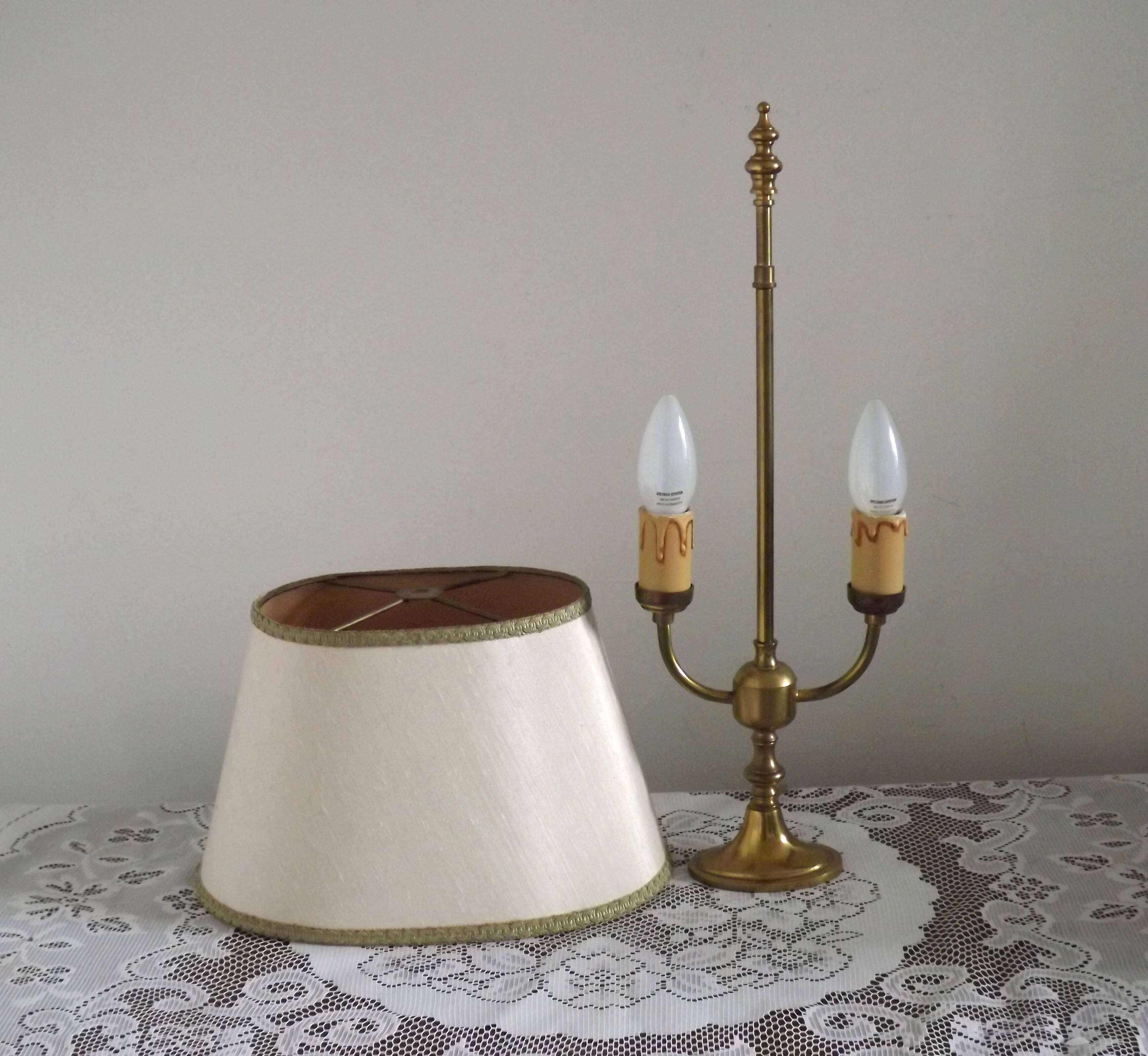 2 Light French Vintage Brass Boulotte Table Lamp With Cream Fabric Shade