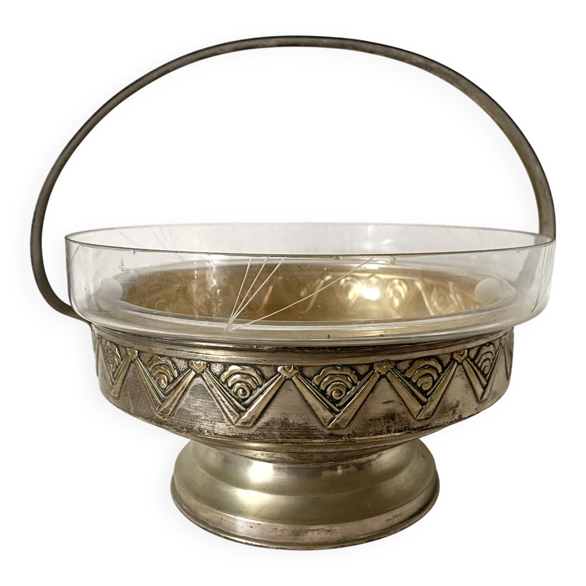 Art Deco fruit bowl in silver-plated metal and chiseled glass