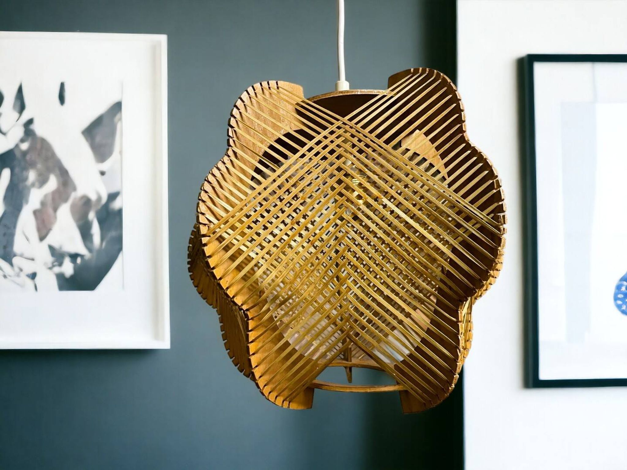 Portuguese mid century wood and straw wooden pendant lamp, 1960s