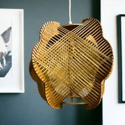 Portuguese mid century wood and straw wooden pendant lamp, 1960s