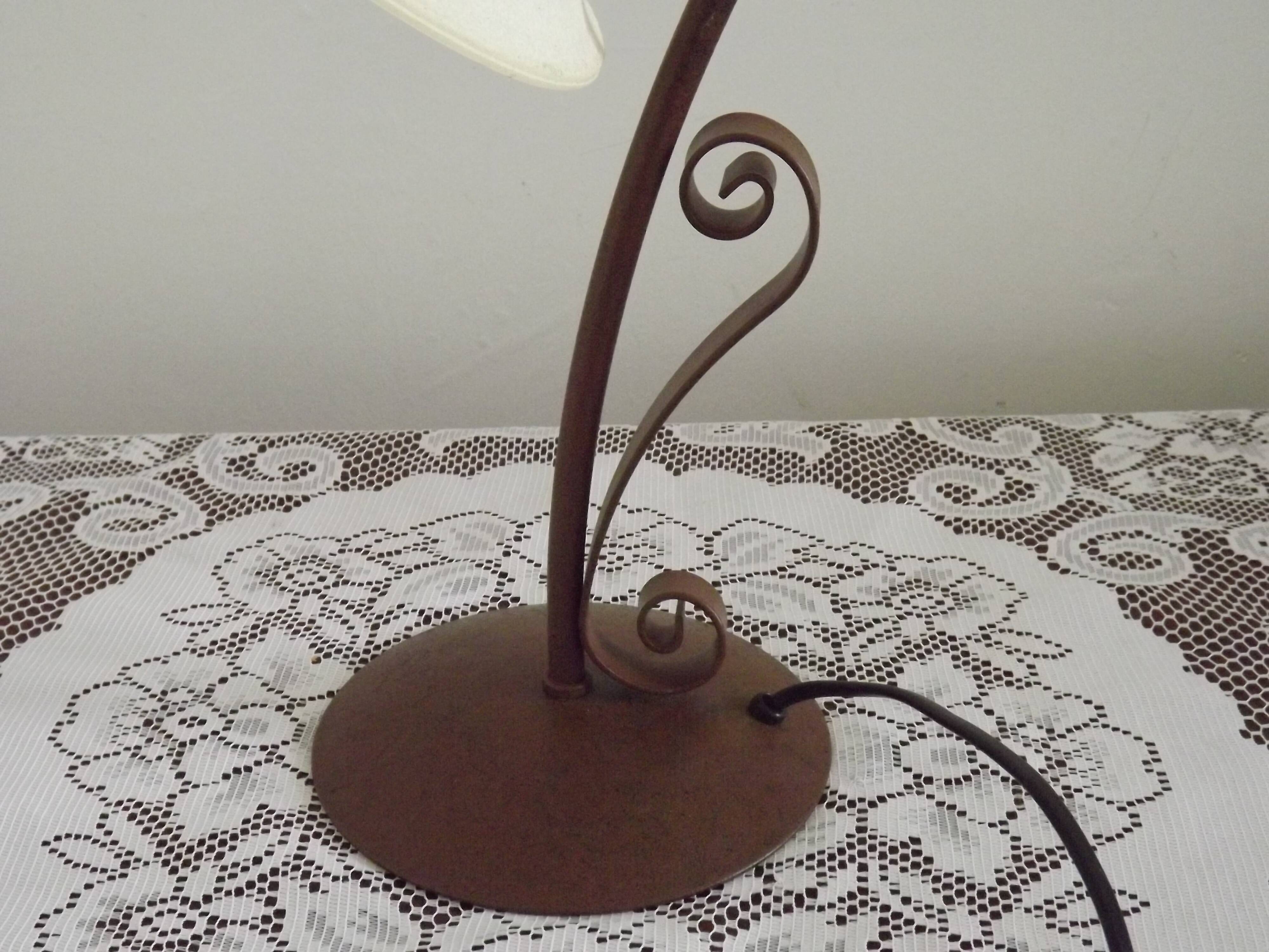Vintage French Brown Metal Goose Neck Lamp With Textured Glass Shade
