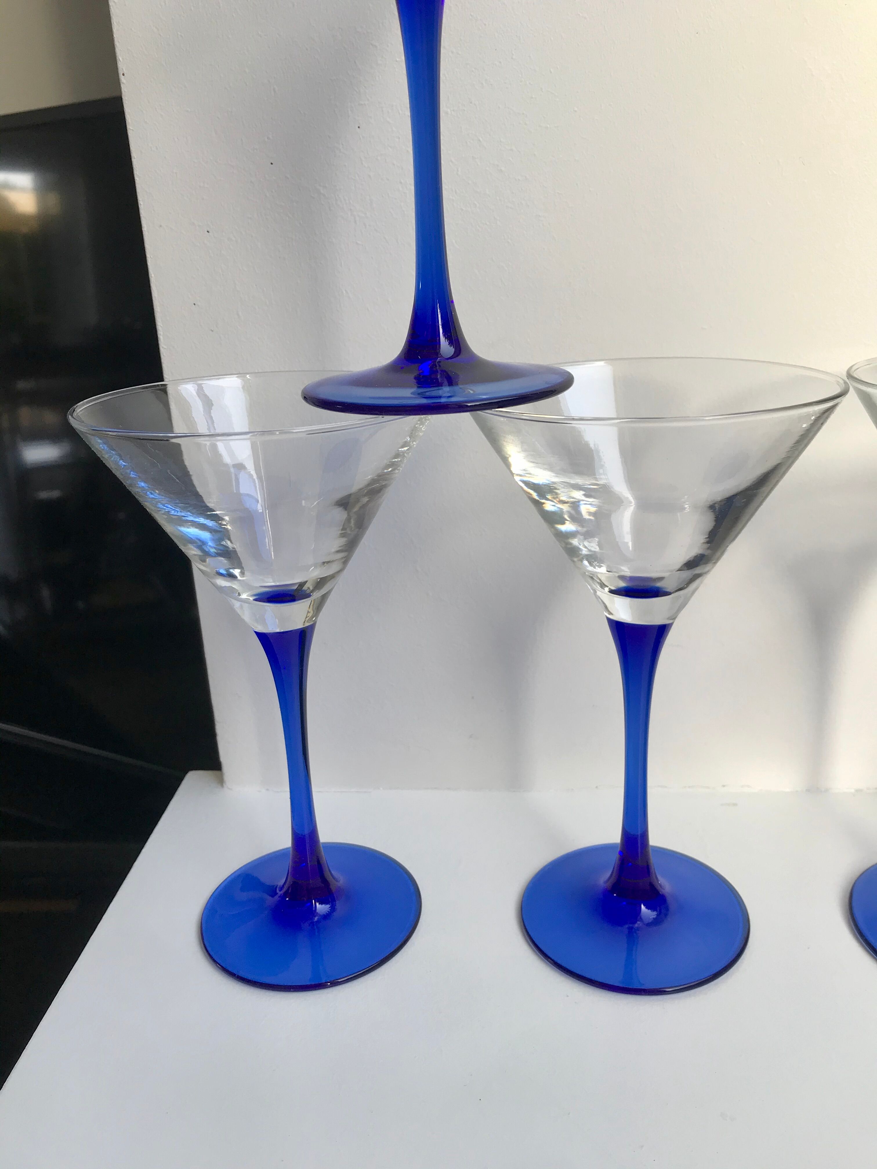 lot de 4 verres à cocktail / coupes à champagne à pieds bleu Fabriqués en France années 1970