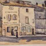 Old watercolour signed marius alamartine "hôtel de la halle" in charlieu