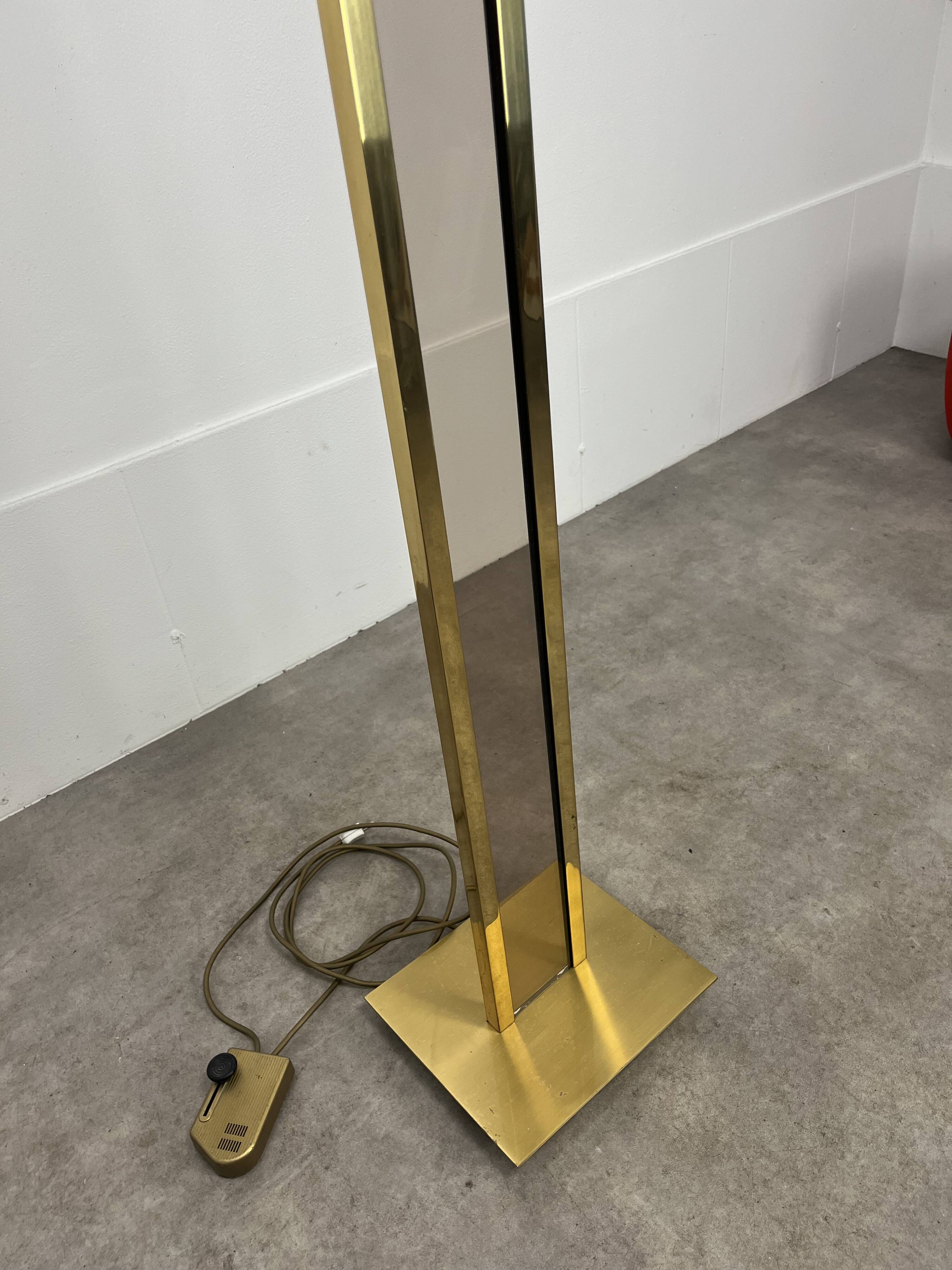 70s floor lamp in brass and smoked plexiglass, Hollywood Regency