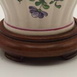 Pretty French vintage hand-painted ceramic floral lamp base on wooden plinth.