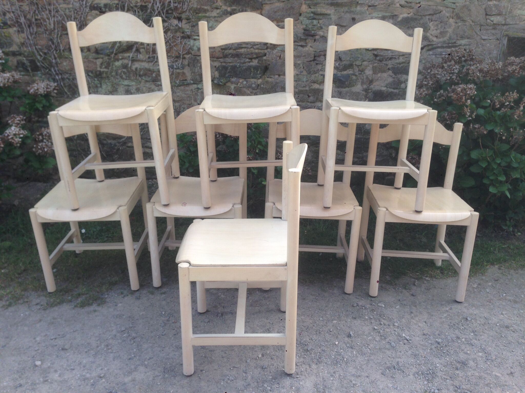 Original white lace-up vintage chairs (series of 8) stamp manufacturer L E 1995