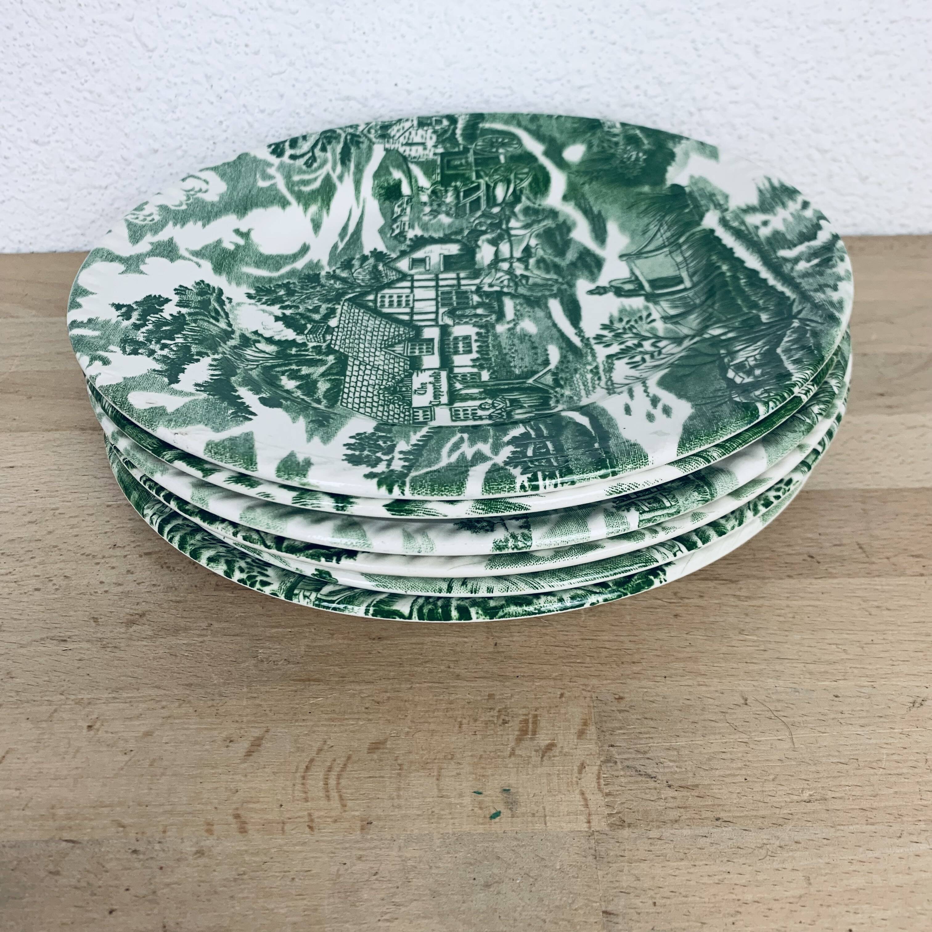 6 green English Style Luneville plates