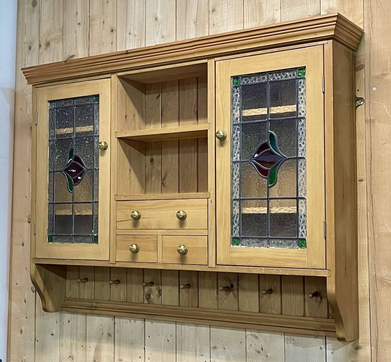 English wall cabinet in fir with old stained glass windows - 1980s
