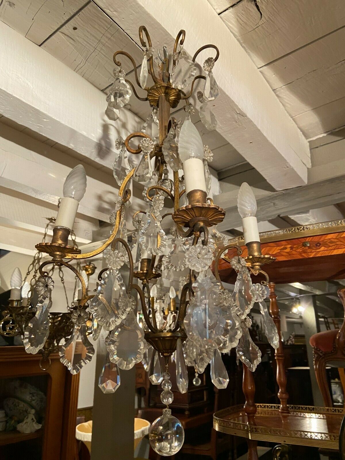 Cage chandelier with crystal tassels on bronze mount, Louis XV style