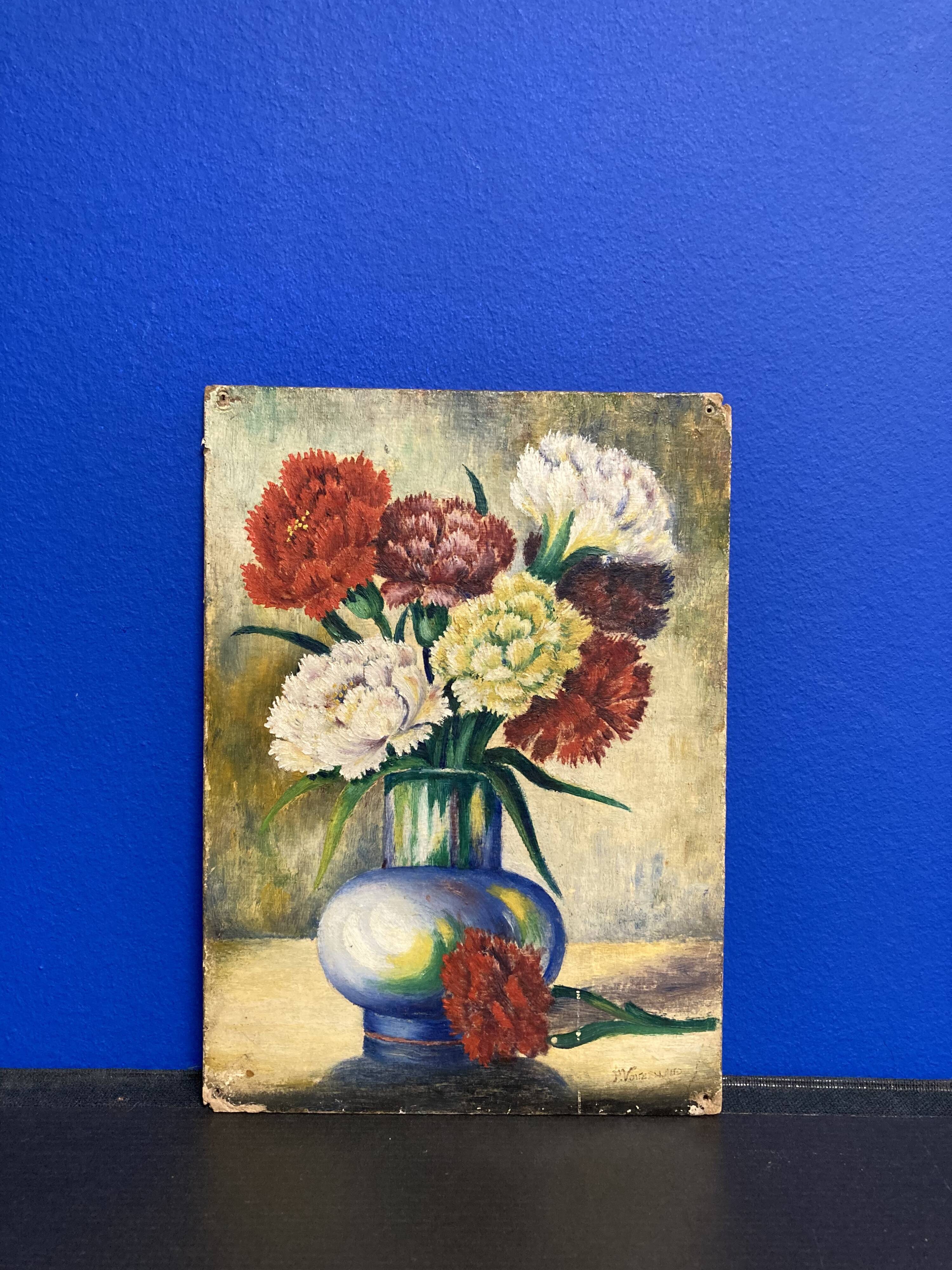 “Les Oeillets” Oil on panel signed