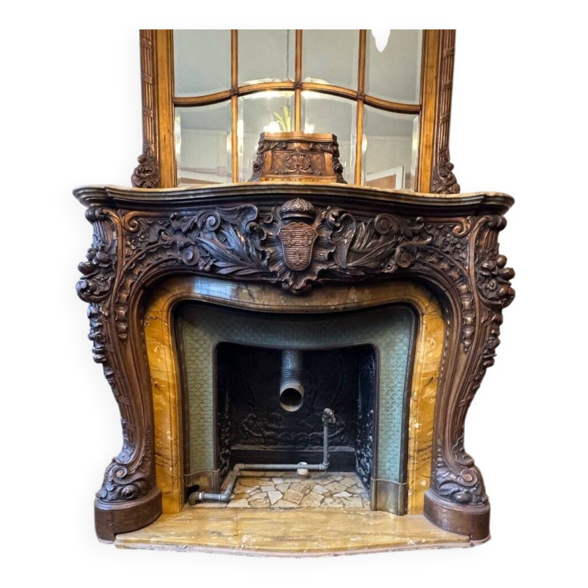 Impressive Fireplace And Its Trumeau In Carved Wood Underlined With Marble