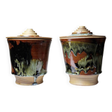 A pair of vintage stoneware pots from the 80s-90s with a Japanese style, signed handmade pottery.