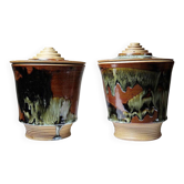 A pair of vintage stoneware pots from the 80s-90s with a Japanese style, signed handmade pottery.