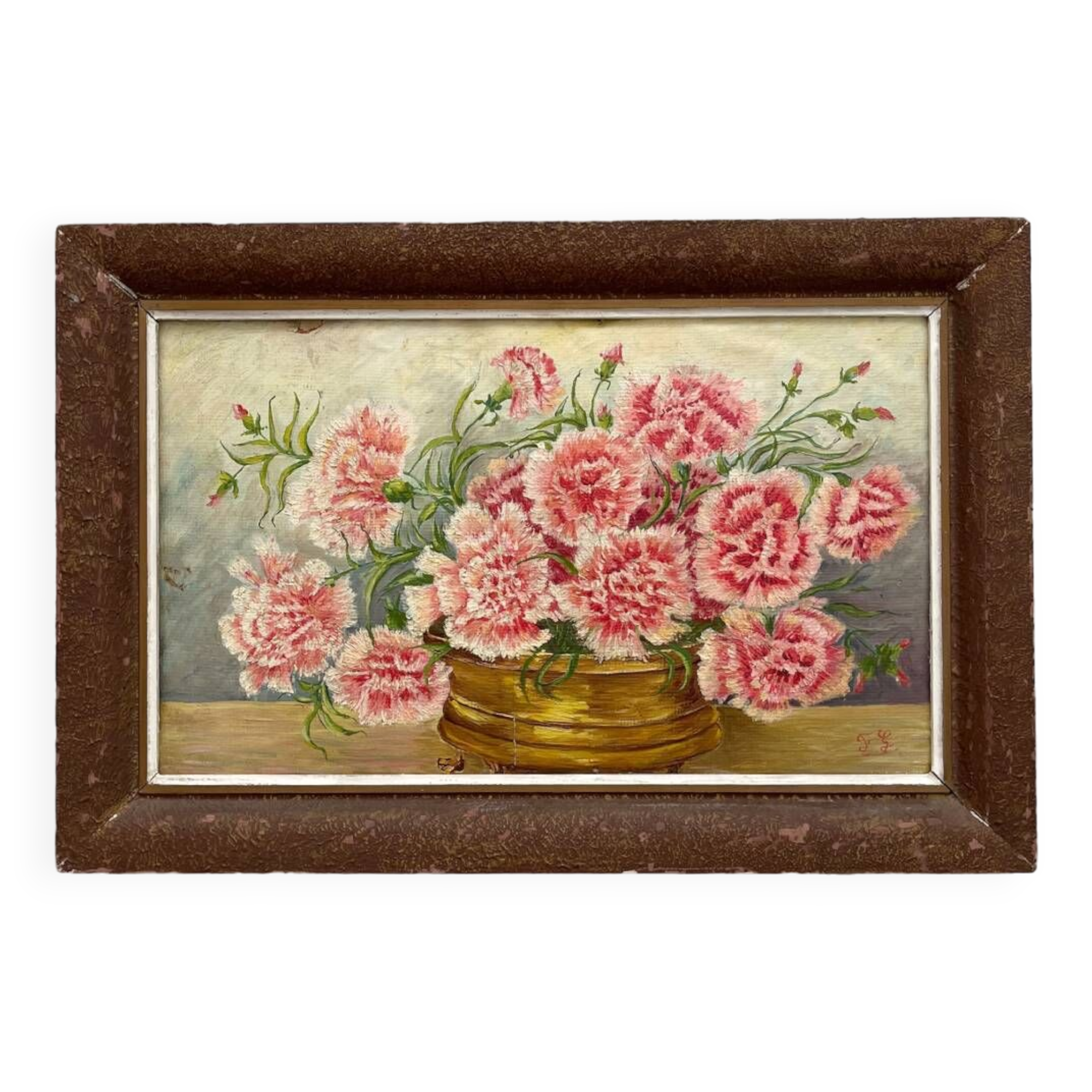 Antique oil painting on cardboard, bouquet of carnations, signed and dated 1899