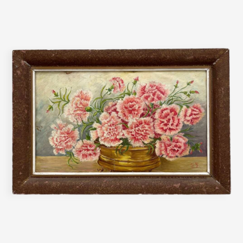 Old oil painting on cardboard bouquet of carnations signed and dated 1899