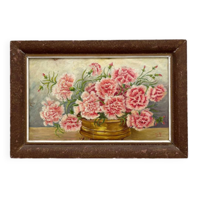 Tableau ancien huile sur carton bouquet d’oeillets signé et daté de 1899