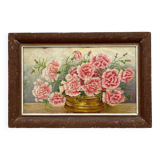 Old oil painting on cardboard bouquet of carnations signed and dated 1899