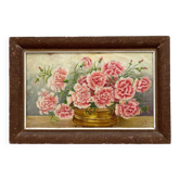 Antique oil painting on cardboard, bouquet of carnations, signed and dated 1899