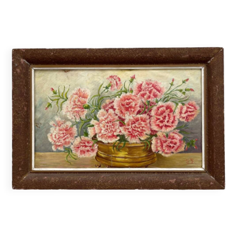 Old oil painting on cardboard bouquet of carnations signed and dated 1899