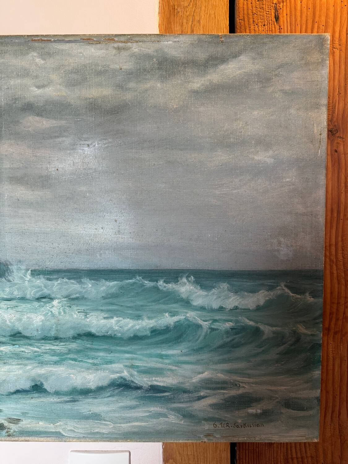 Ancient table, marine landscape, signed 20th century.