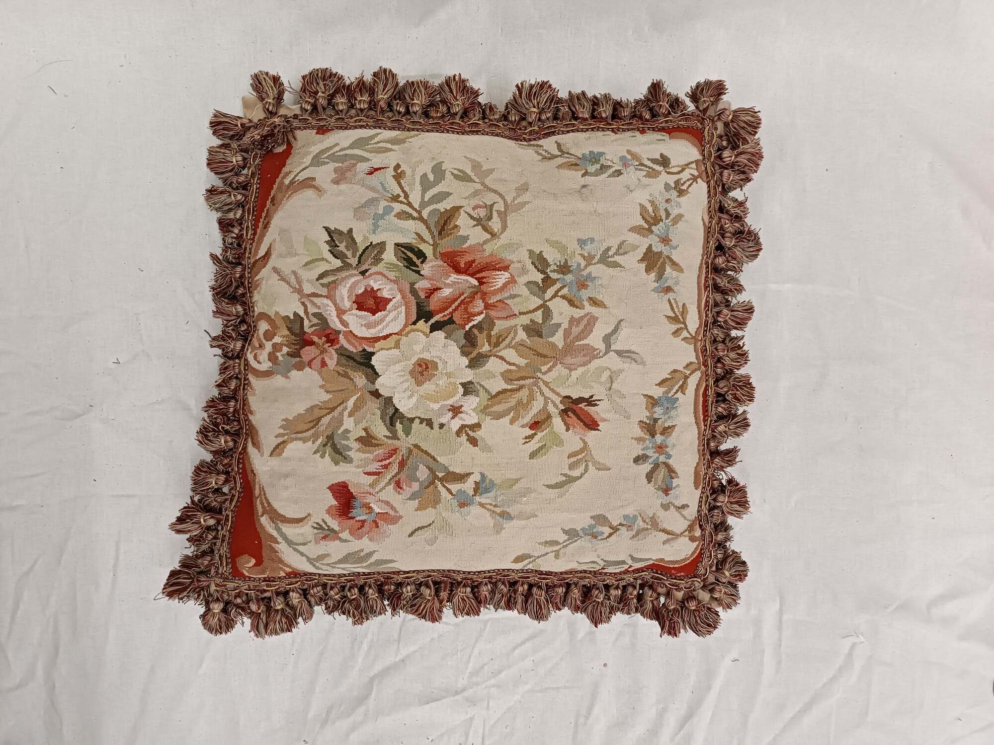 French Style Cushion Cover Handwoven Aubusson Tapestry Floral Rose Bouquet