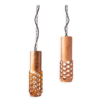 Pair of 20th century brutalist copper pendant lights