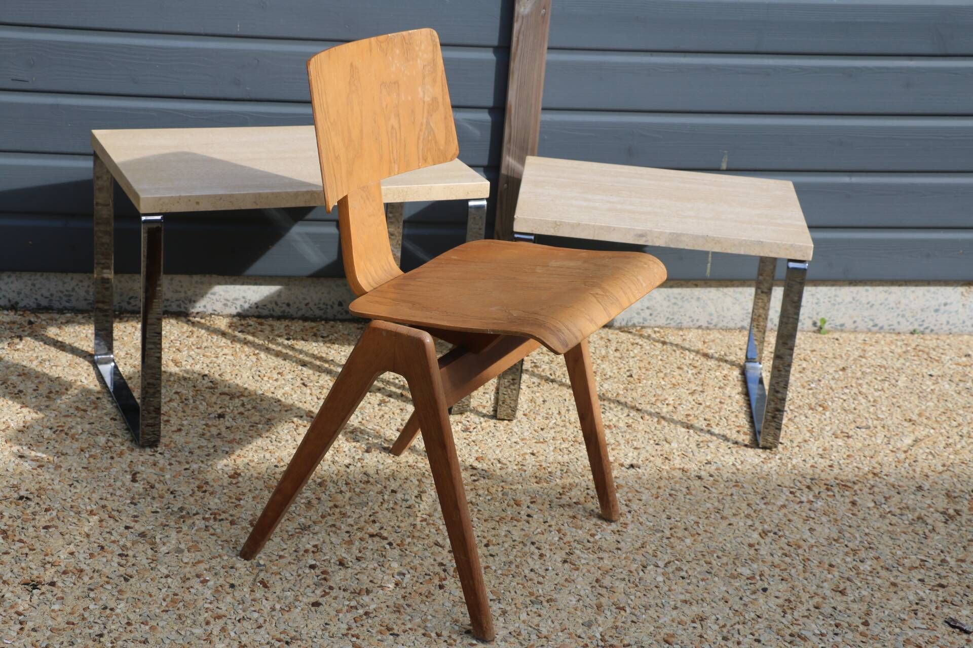 2 nesting tables chrome steel travertine