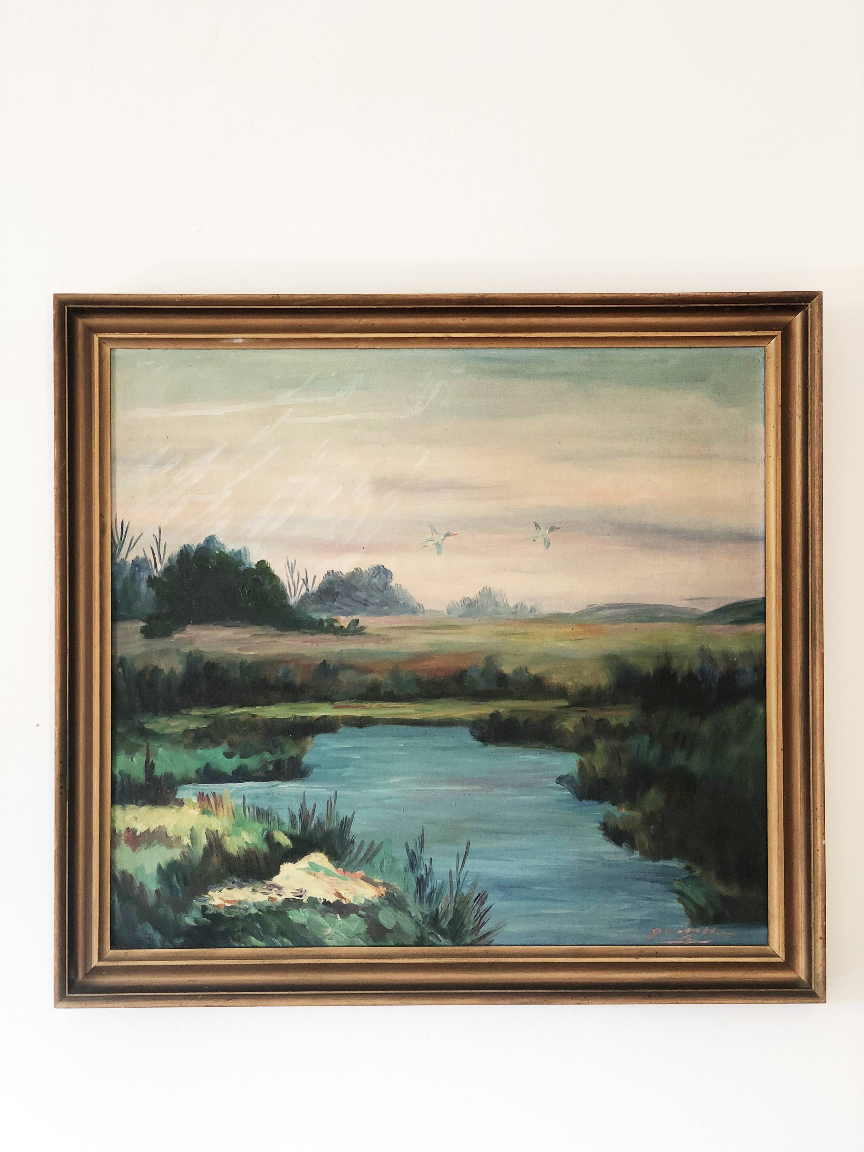 Large Original Vintage River Landscape Oil Painting, circa 1960