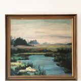 Large Original Vintage River Landscape Oil Painting, circa 1960